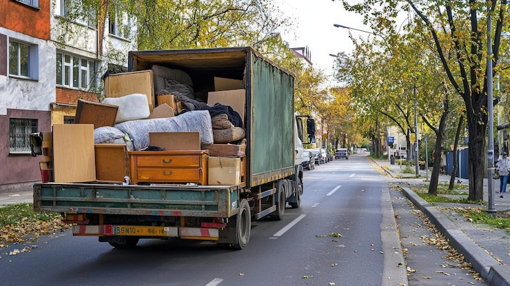 junk truck carrying large unwanted furniture down street 693425 97355