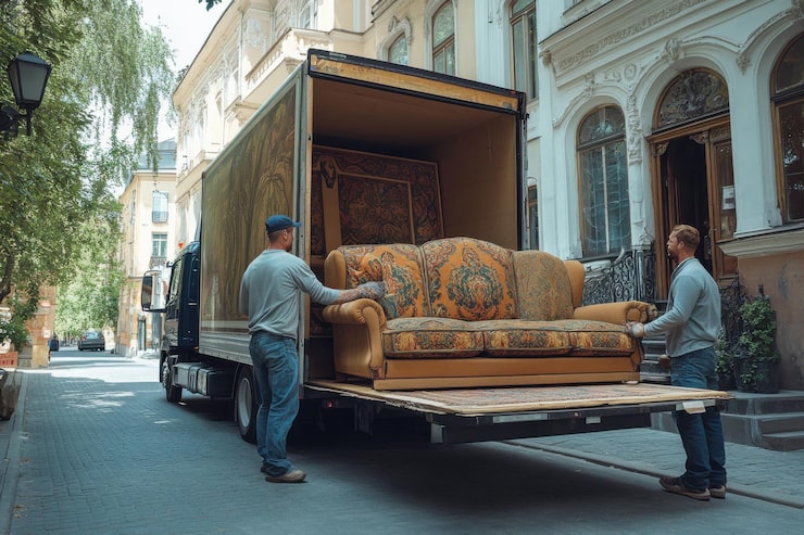 movers unloading vintage sofa from truck quiet street residential area 993044 11865